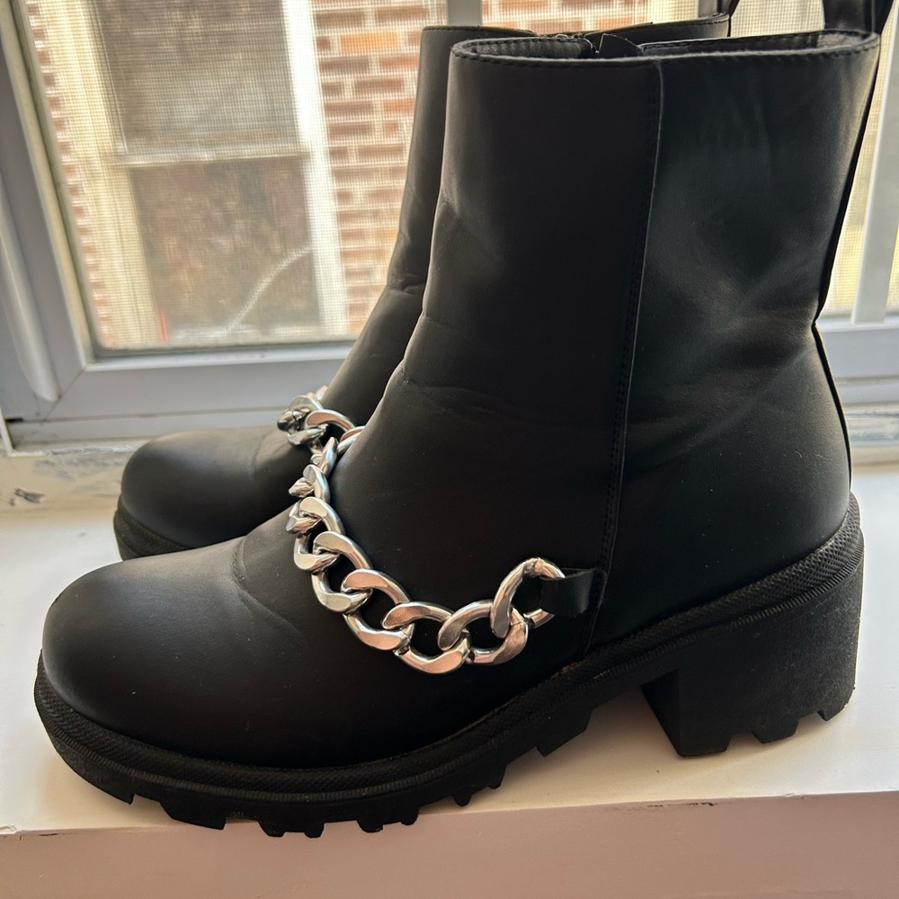 Black Chunky Ankle Boots with Silver Chain